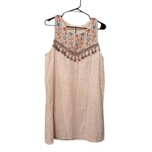 Entro Bohemian Cream Striped Floral Embroidered Tunic Top Tassels Size Large